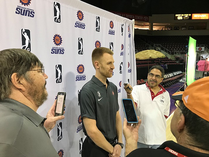 Northern Arizona Suns head coach Bret Burchard speaks during a press conference during the annual Media Day on Wednesday, Oct. 30, 2019, at the Findlay Toyota Center in Prescott Valley. (Brian M. Bergner Jr./Courier)