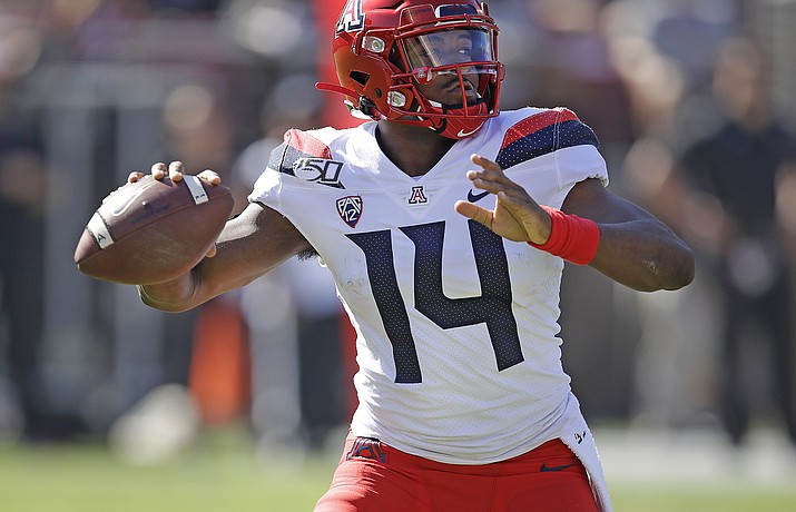 Arizona quarterback Khalil Tate passes against Stanford in the first half of an NCAA college football game Saturday, Oct. 26, 2019, in Stanford, Calif. (Ben Margot/AP, file)