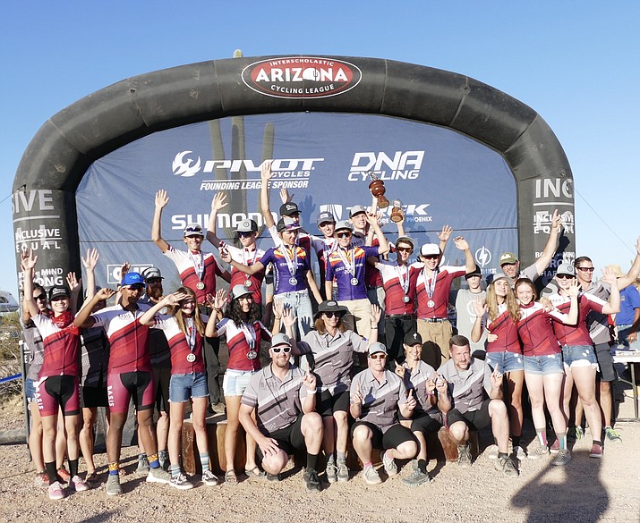 The BASIS Prescott cycling team poses for a photo after taking first place overall with 4,130 points to claim the Arizona Interscholastic Cycling League title Sunday, Nov. 3, 2019, at White Tank Mountain Regional Park in Waddell. The Prescott Badgers were second overall with 4,041 points. Theodore Fabian of BASIS Prescott was third overall with a 1:27:51.09 time, while Nathan Bigelow was sixth overall. For the Badgers, Reilly Phelan was third overall with a 1:23:56.58 time and Zaydie Croy was fourth. For more information on the league, visit arizonamtb.org. (Leslie Hedge/Courtesy)