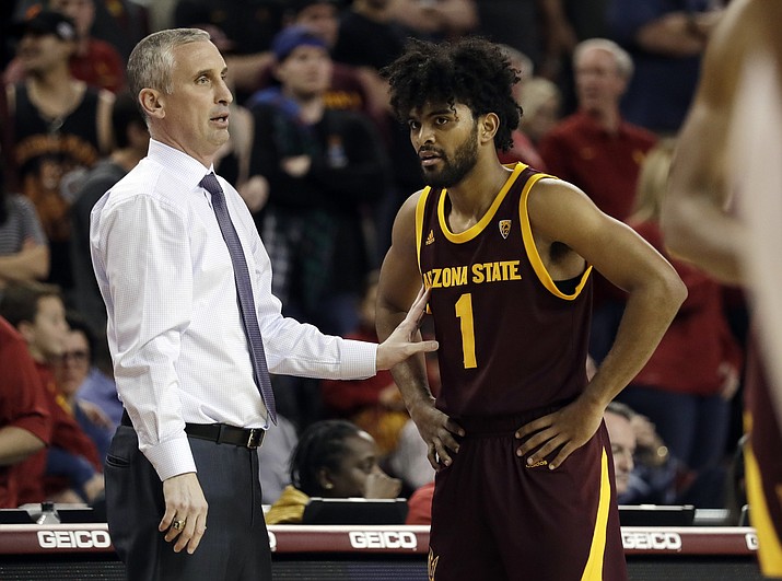 In this Jan. 26, 2019, photo, Arizona State coach Bobby Hurley, left, talks to guard Remy Martin during the second half of the team's game against USC in Los Angeles. Arizona State Sun Devils forced the most turnovers in a game in almost 23 years, and had plenty of offense for an easy win.
Guards Remy Martin and Jaelen House scored 20 points each, and Arizona State quickly overcame a slow start to cruise to a 92-55 win over Rider on Sunday. (AP File)