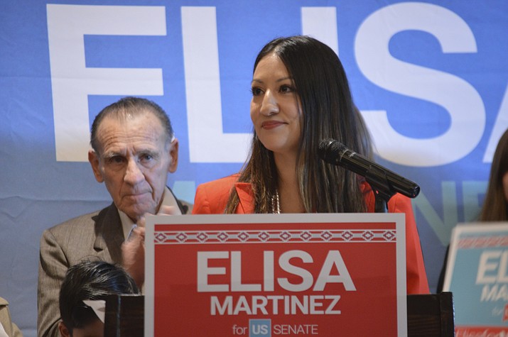 Republican Elisa Martinez speaks to supporters in Albuquerque, N.M., on Wednesday, Nov. 20, 2019, after she announced she will seek the GOP nomination for an open U.S. Senate seat in New Mexico. The Latina Republican and member of the Navajo Nation will face contractor Mick Rich and college professor Gavin Clarkson in the Republican primary. (AP Photo/Russell Contreras)