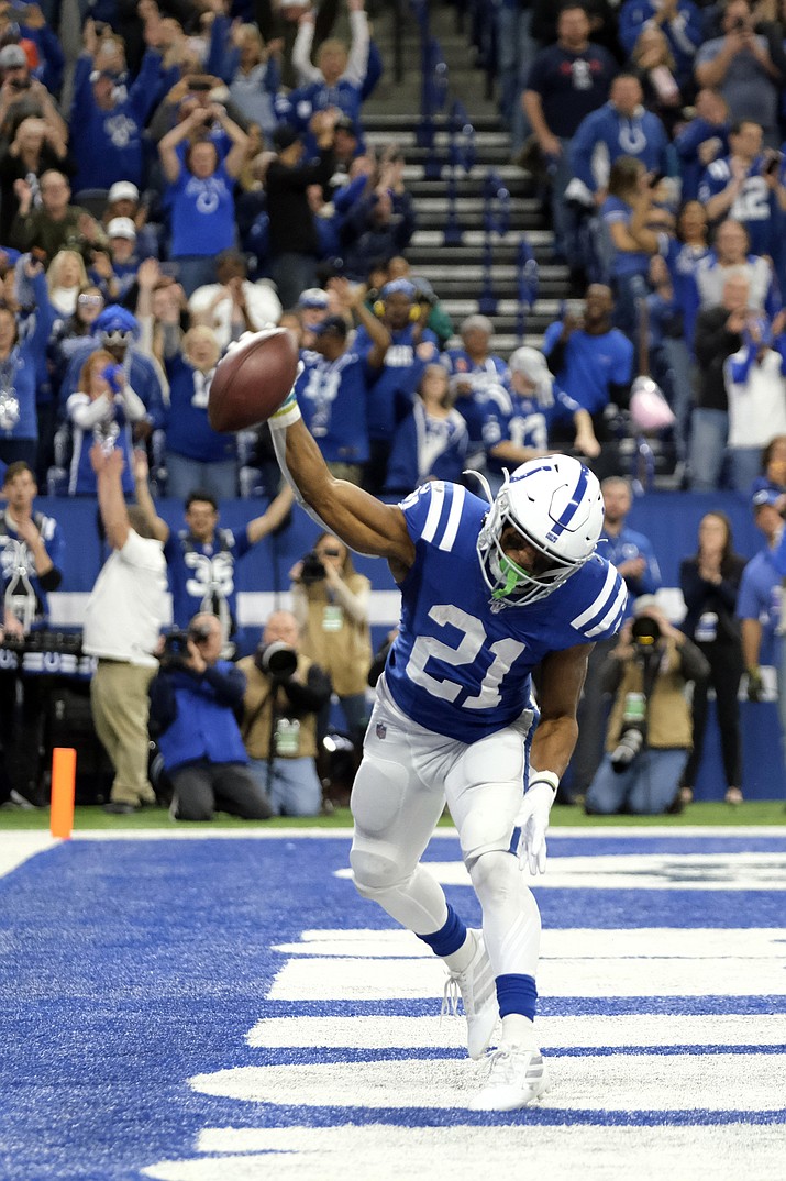 Indianapolis Colts’ Nyheim Hines (21) celebrates a touchdown during the second half of a game against the Jacksonville Jaguars, Sunday, Nov. 17, 2019, in Indianapolis. (AJ Mast/AP)