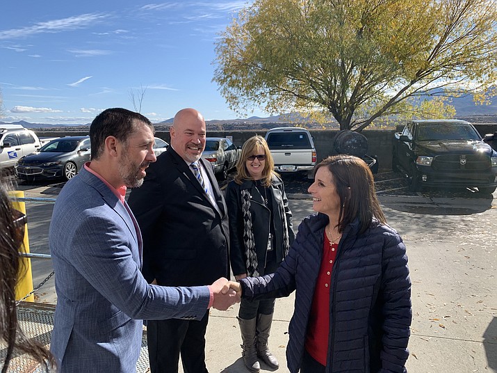 Prescott Valley Mayor Kell Palguta shakes hands with U.S. Sen. Martha McSally during her visit to the Prescott Valley Post Office, 8307 E. Highway 69 Suite 1, Friday, Nov. 22, 2019. McSally was receptive to the mayor’s pleas to relocate the post office to a bigger, more centralized location in town. (Darron Moffatt/Courtesy)