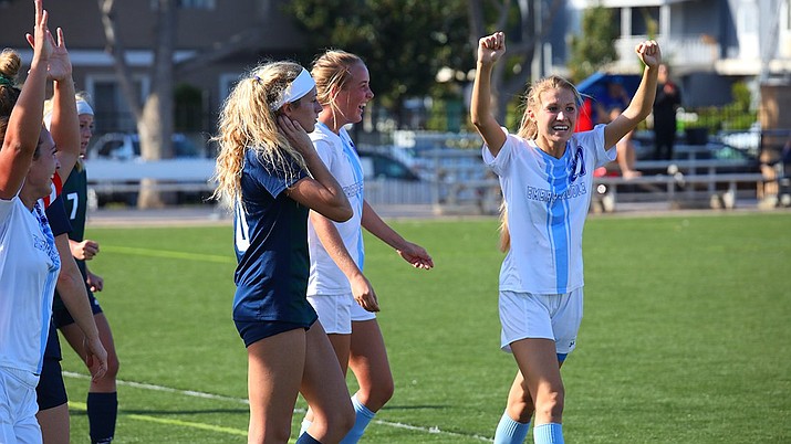 Embry-Riddle defender Maddy Mak (27) celebrates after the Eagles’ 4-1 win over Mount Vernon Nazarene in the NAIA National Tournament opening round on Friday, Nov. 22, 2019, in Costa Mesa, Calif. (ERAU Athletics/Courtesy)