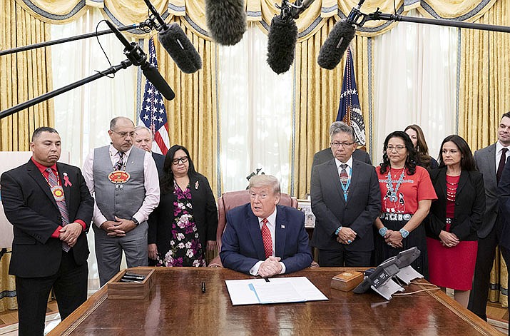 President Donald Trump said the task force on missing and murdered indigenous women was long overdue. He was backed by tribal officials including Navajo Nation Vice President Myron Lizer and Dottie Lizer, over the president’s left shoulder. (Photo by Joyce N. Boghosian/White House)