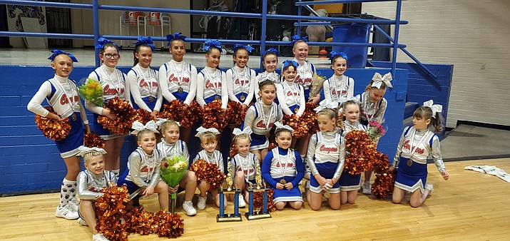 Cheerleaders with the Chino Valley Youth Football and Cheer Association pose for a photo after taking first in the Northern Arizona Youth Football Cheerleading Competition on Nov. 16 in Prescott. (CVYFCA/Courtesy)