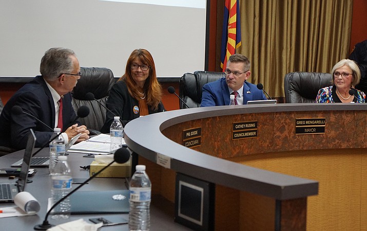 In a Daily Courier file photo from Nov. 19, 2019, Prescott City Councilman Phil Goode, left, responds to a motion by newly sworn-in City Councilwoman Cathey Rusing, second from left, to nominate Goode as the council’s Mayor Pro Tem. Mayor Greg Mengarelli, second from right, and Mayor Pro Tem Billie Orr look on as Goode declines the nomination. Orr ultimately was chosen to continue on in the Mayor Pro Tem role. (Cindy Barks/Courier file)