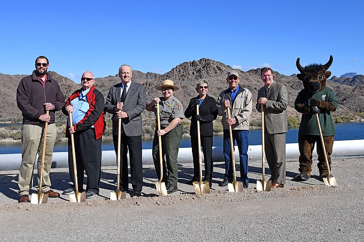 Multiple city, county and federal agencies along with the Bullhead City Mascot Bravo the Bull, gathered to break ground for the new Arizona Heritage Trail along the Colorado River Nov. 22 in Mohave County, Arizona. (Photo/NPS)