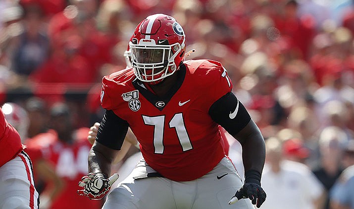 FILE - In this Sept. 7, 2019, file photo, Georgia offensive lineman Andrew Thomas (71) is shown in action during the first half of an NCAA college football game against the Murray State, in Athens, Ga. Thomas was selected to The Associated Press All-American team, Monday, Dec. 16, 2019. (AP Photo/John Bazemore, File)