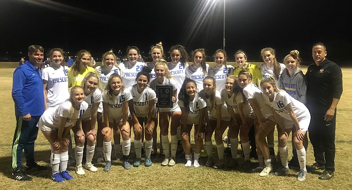 ABOVE: Prescott girls soccer poses for a team photo after taking first place in the Chadler Prep Winter Classic by defeating Shadow Ridge 3-1 during the championship game on Saturday, Dec. 21, 2019, at Red Mountain Soccer Complex in Mesa. (Paul Campuzano/Courtesy)