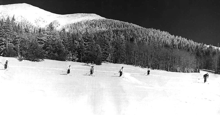 A group of skiers on the San Francisco Peaks. The first ski routes were blazed on the San Fransico Peaks in the late 1930s. (Photo/Williams Historic Photo Archive)