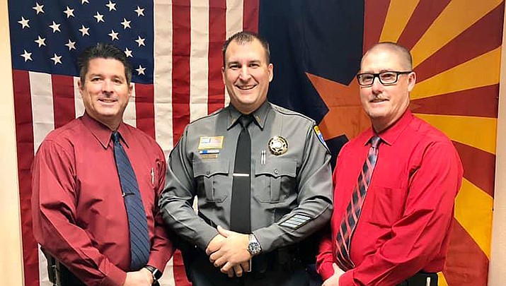 John Salvino, center, has been promoted to lieutenant in the Mohave County Sheriff’s Office. He is flanked by Undersheriff Ed Trafecanty, left, and Chief Deputy Dean McKie. (MCSO photo)
