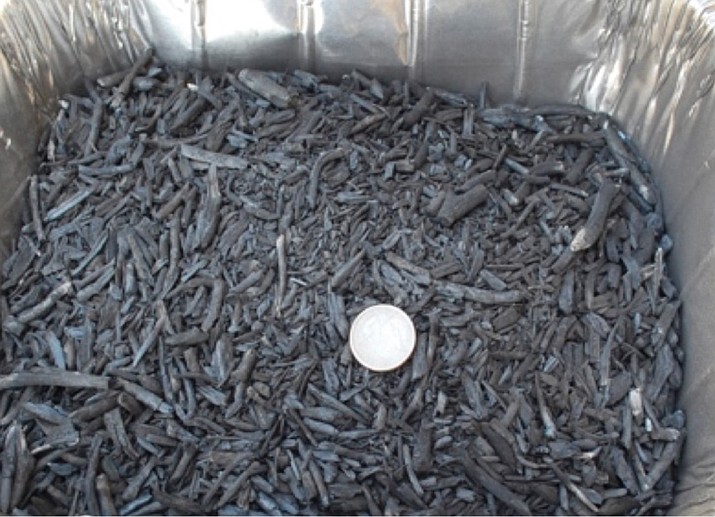 Homemade biochar with a quarter shown for scale. (Guide to Making and Using Biochar for Gardens in Southern Arizona, by Artiola and Wardell, University of Arizona Cooperative Extension Publication AZ1752, 2017 /Courtesy)