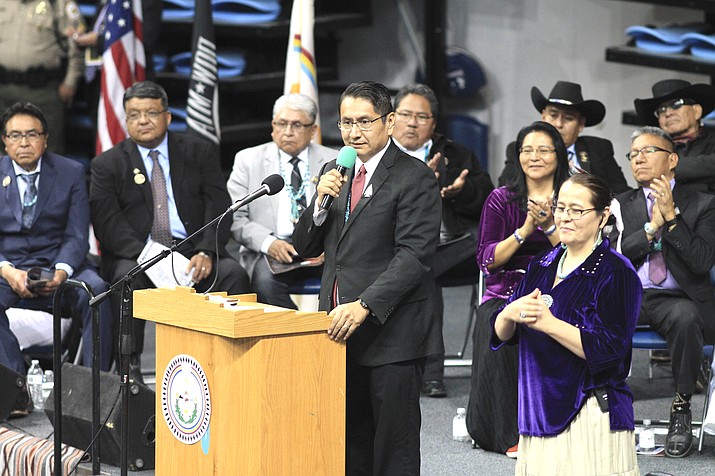 Navajo Nation President Jonathan Nez speaks during his inaugural address in 2019. (Loretta McKenney/NHO)