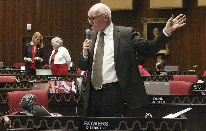 In this May 8, 2019 file photo Arizona House Speaker Rusty Bowers, R-Mesa, speaks at the Arizona Capitol in Phoenix. Republican and Democratic Leaders of the Arizona House are again eyeing the state's water supply as a major issue in the coming legislative session. House Speaker Bowers and Democratic Minority Leader Charlene Fernandez both highlighted overpumping in the state's rural areas as a major issue when lawmakers return to work Monday, Jan. 13, 2020. (Bob Christie/AP, file)