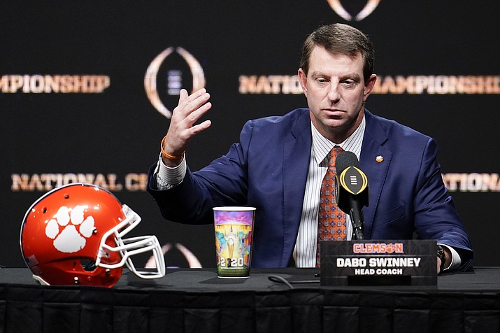 Clemson head coach Dabo Swinney speaks at a news conference for the NCAA College Football Playoff national championship game Sunday, Jan. 12, 2020, in New Orleans. Clemson is scheduled to play LSU on Monday. (AP Photo/Chris Carlson)