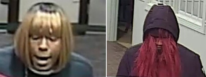 This photo combo provided by the FBI shows a person of interests in connection of bank robberies in in North Carolina. The FBI is asking the public's help in catching a so-called “bad wig bandit” who's been robbing banks in North Carolina. The FBI said in a statement on Thursday, Jan. 9, 2020, that the suspect wore a different wig during each heist in the Charlotte area. (FBI via AP)