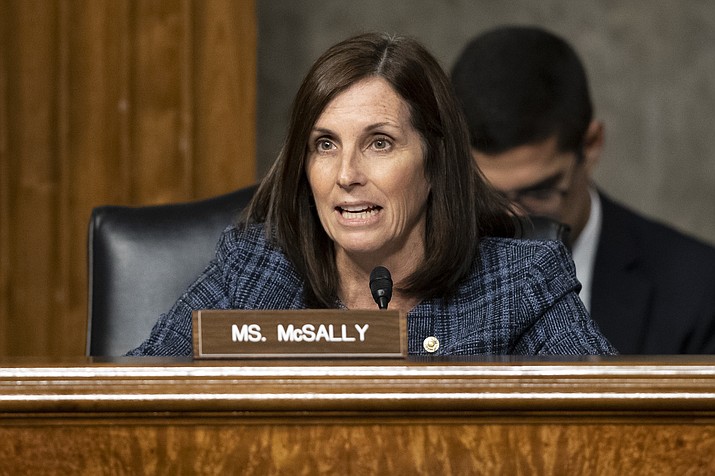 In this Dec. 3, 2019, file photo, Sen. Martha McSally, R-Ariz., speaks during a hearing on Capitol Hill in Washington. McSally lashed out Thursday, Jan. 16, 2020, at a CNN reporter who asked her about the impeachment of President Donald Trump. McSally called CNN reporter Manu Raju a "liberal hack" as she entered a room on Capitol Hill and refused to answer the question. Raju had asked McSally whether the Senate should consider new evidence as part of its impeachment trial. (AP Photo/Alex Brandon, File)