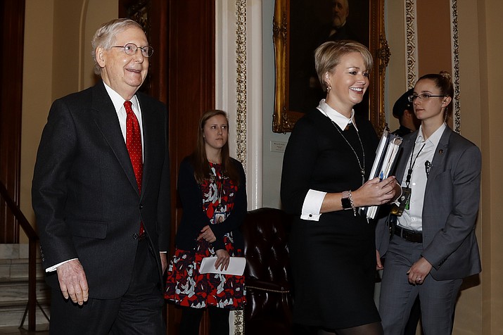 Senate Majority Leader Mitch McConnell, R-Ky., leaves the Senate at the Capitol in Washington, Tuesday, Jan. 21, 2020. President Donald Trump’s impeachment trial quickly burst into a partisan fight Tuesday as proceedings began unfolding at the Capitol. (Julio Cortez/AP)