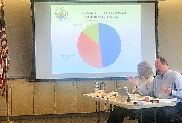 Yavapai County Administrator Phil Bourdon, right, and Budget Manager Catherine Boland give an overview presentation to the Board of Supervisors Wednesday, Jan. 23, 2020, on the coming 2020/2021 fiscal-year budget. (Cindy Barks/Courier)