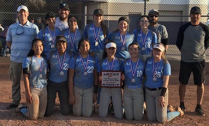 The AZ Sand Snakes pose for a photo after finishing as the runners-up at the Phoenix Open Softball Tournament in the 16U division on Saturday, Jan. 19, 2020. BOTTOM ROW (left to right): Ruby Tessman, Cheyniya Thompson, Yasmine Bernal, Briah Williams, Maddie Brown, Holly Myers; TOP ROW (left to right): Head coach Mike Tessman, Nancy Velez, Coach Pepe Bernal, Brianna Baca, Kierra Grimes, Brina Lankford, Kendall Murray, Coach Brad Murray, Coach Miguel Baca. (Michael Tessman/Courtesy)