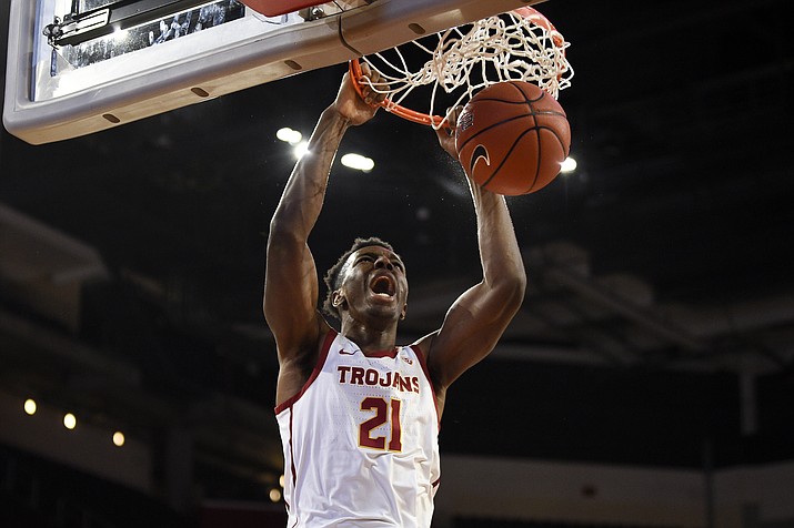 Southern California forward Onyeka Okongwu dunks during the first half of the team’s game against Stanford in Los Angeles, Saturday, Jan. 18, 2020. (Kelvin Kuo/AP)
