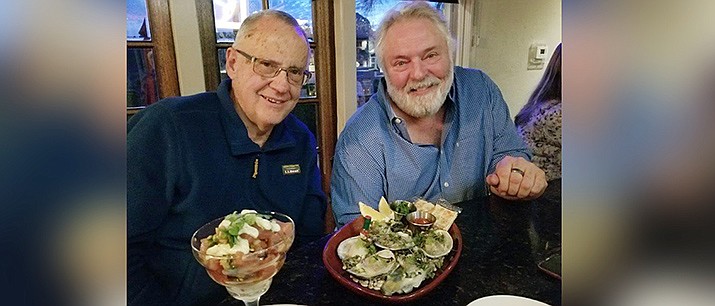 Jeff Dunn with Chef Mercer Mohr sampling Blue Point Oysters and Ahi Tuna Tartar at Creekside American Bistro. Photo by The Dunnery