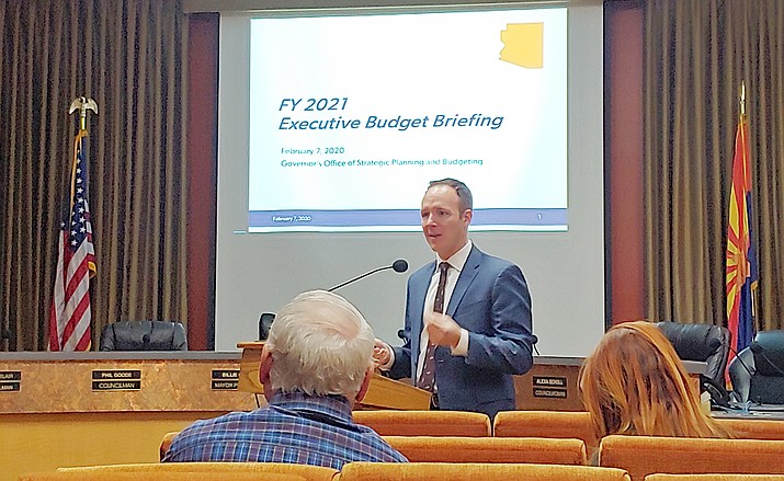 Matt Gress, director of the governor’s Office of Strategic Planning and Budgeting, shared the major components of Gov. Doug Ducey’s proposed balanced budget during an hour-long “Budget on the Road” session at Prescott City Hall on Friday, Feb. 7, 2020. (Doug Cook/Courier)