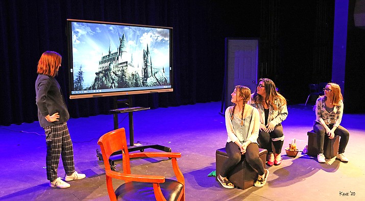 Red Rock Repertory: from left, Ally Mertes as Therapist, Aria Harness as Wendy Darling, Soraya Movassaghi as Dorothy Gale, and Mercy Vandenberg as Alice Liddell in Figments by Ally Mertes. Photo by Larry Kane