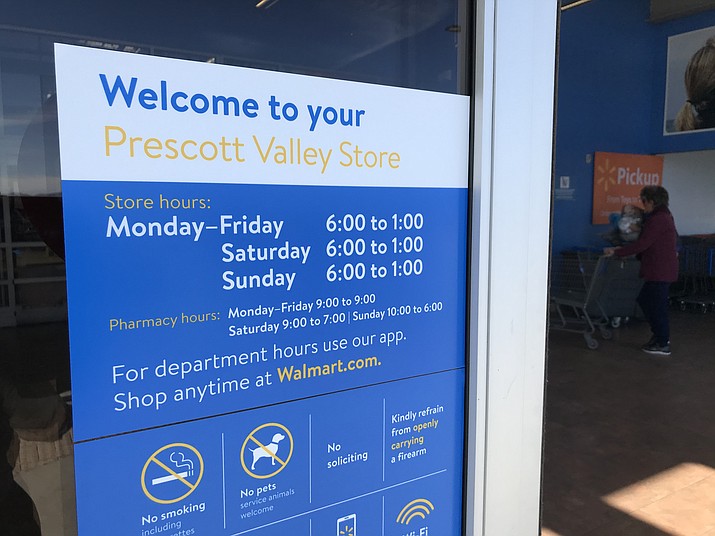 Like the two Walmart stores in Prescott, the Prescott Valley Walmart off of Glassford Hill Road, seen here, has changed its hours from 24 hours a day to 6 a.m. to 1 a.m. seven days a week. The switch came on Feb. 1. (Courier photo)