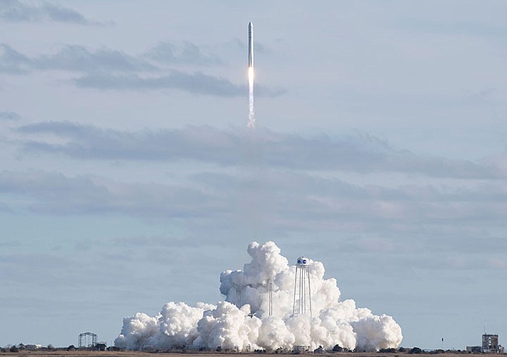 The Northrop Grumman Antares rocket with Cygnus resupply spacecraft onboard, launches at NASA’s Wallops Flight Facility on Saturday, Feb. 15, 2020 in Wallops Island, Va.  (Aubrey Gemignani/NASA via AP)