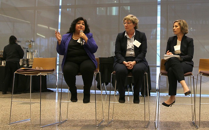 The Nonprofit and Community Organization Panel featured, from left, Lydia Guzman, director for advocacy and civic engagement of Chicanos Por La Causa; Elizabeth Wentz, director of Knowledge Exchange for Resilience at ASU; and Carla Vargas Jasa, president and CEO of Valley of the Sun United Way. (Kelly Donohue/Cronkite News)