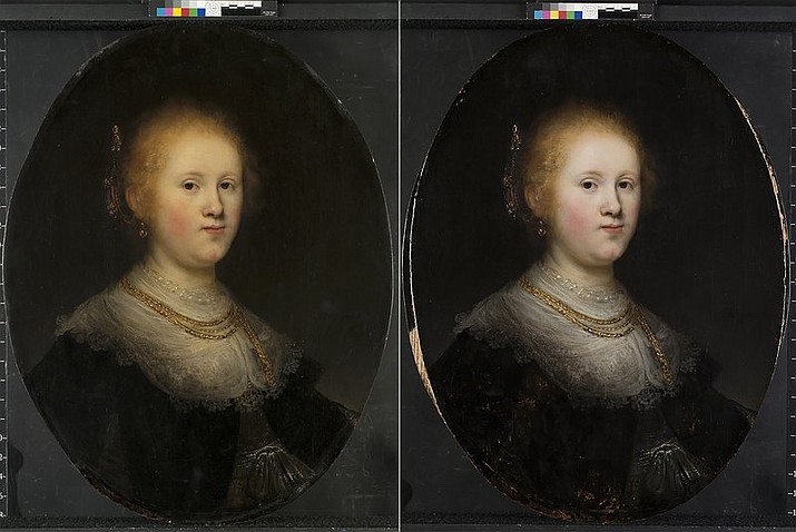 This photo combo provided by Allentown Art Museum shows from left, before and after restoration of a painting called "Portrait of a Young Woman." Thanks to modern technology and some expert detective work, the 1632 painting that had long been attributed to an unknown artist in Rembrandt’s workshop has been judged to have been a work of the Dutch master himself. (Allentown Art Museum via AP)