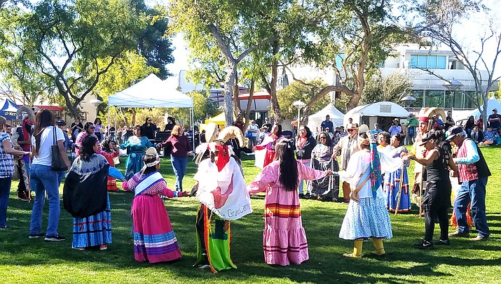 On Feb. 8, tribal royalty perform a social dance with visitors at the Arizona Indian Festival during Scottsdale Western Week. (Photo/Geri Hongeva-Camarillo)