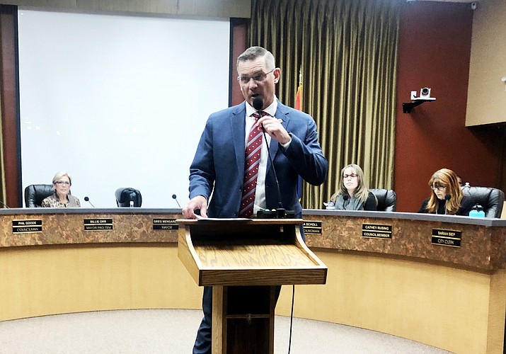During a Tuesday, Feb. 25, 2020 Prescott City Council meeting, Mayor Greg Mengarelli reads a proclamation that affirms the city’s support for the Second Amendment of the U.S. Constitution — the right to bear arms. (Cindy Barks/Courier)