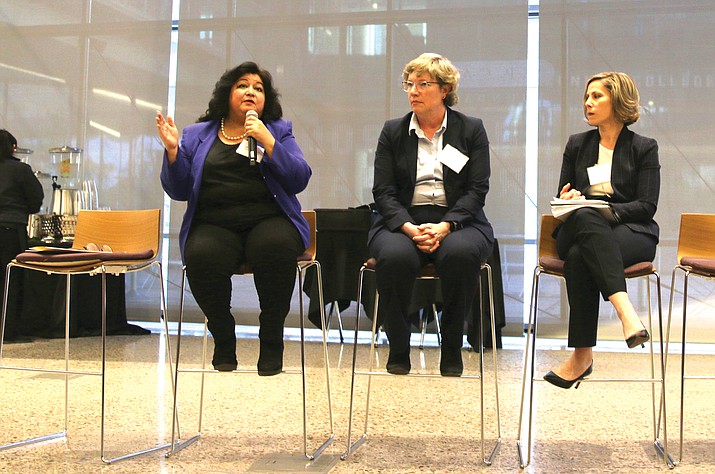 From left: Lydia Guzman, director for advocacy and civic engagement of Chicanos Por La Causa; Elizabeth Wentz, director of Knowledge Exchange for Resilience at ASU; and Carla Vargas Jasa, president and CEO of Valley of the Sun United Way were featured speakers at the The Nonprofit and Community Organization Panel. (Kelly Donohue/Cronkite News)