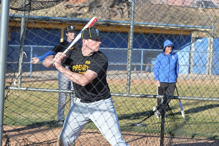 Korey Schwartz hits in the cage during practice Tuesday, Feb. 25, 2020, in Prescott. Schwartz will play first base this season and pitch. (Brian M. Bergner Jr./Courier)