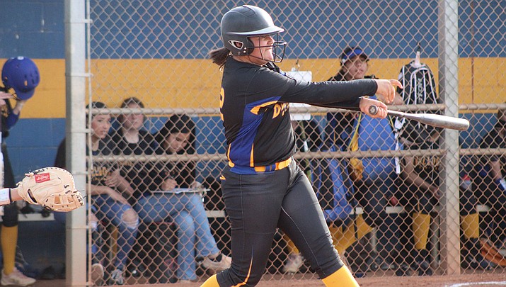 Kingman sophomore Maddy Chamberlin finished 3-for-4 with a home run and three RBIs on Monday as the Lady Bulldogs beat Mohave Accelerated 17-7 in five innings. (Miner file photo)