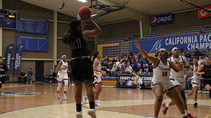 Embry-Riddle guard Jazlyn Maletino-Faga (21) takes a jump shot from the perimeter during the Cal Pac Championship game against Antelope Valley on Monday, March 2, 2020, a the ERAU Activities Center. (ERAU Athletics/Courtesy)