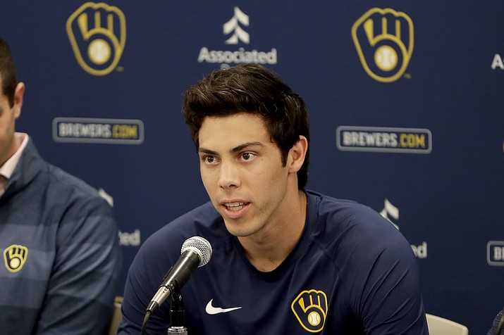 Milwaukee Brewers' Christian Yelich speaks after the Brewers announced his multi-year contract extension at the teams' spring training facility Friday, March 6, 2020, in Phoenix. (Matt York/AP)