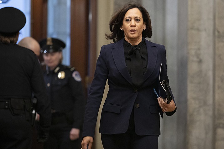 Sen. Kamala Harris, D-Calif., arrives on Capitol Hill in Washington, Friday, Jan. 31, 2020, for the impeachment trial of President Donald Trump on charges of abuse of power and obstruction of Congress. (Jacquelyn Martin/AP photo)