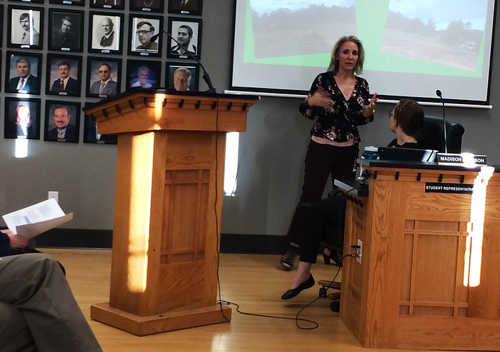 Granite Mountain Principal Teresa Bruso presenting school performance data at recent Prescott Unified School District Governing Board meeting. (Nanci Huston/Courier)
