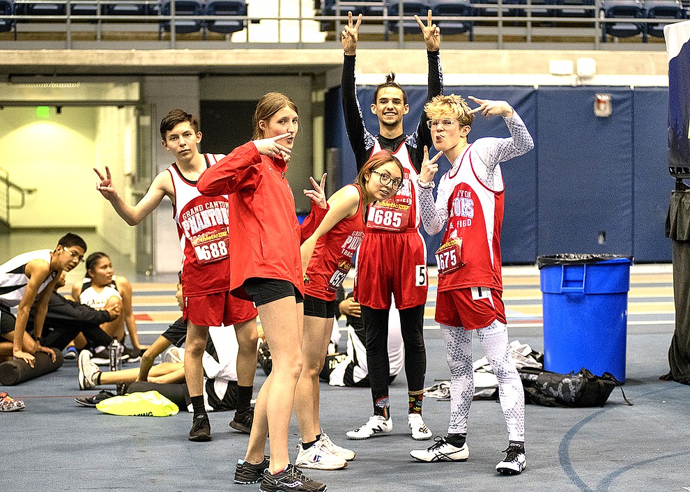 Phantoms track and field members enjoy themselves at the NPA Skydome Classic track and meet March 7. From left: Grand Canyon freshmen Jafet Torres and Skadi Lyle, freshmen and sophmores Citlalli Torres, Seth Rivera and Felix Christiansen. (V. Ronnie Tierney/WGCN)