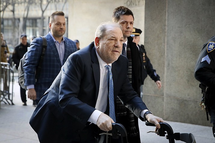 Harvey Weinstein arrives at a Manhattan courthouse as jury deliberations continue in his rape trial, Monday, Feb. 24, 2020, in New York. (John Minchillo/AP, file)