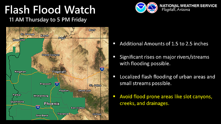 A flash flood watch has been issued for Yavapai County and surrounding counties starting at 11 a.m. on Thursday, March 12, and continuing until 5 p.m. on Friday, March 13. (National Weather Service, Flagstaff/Courtesy)