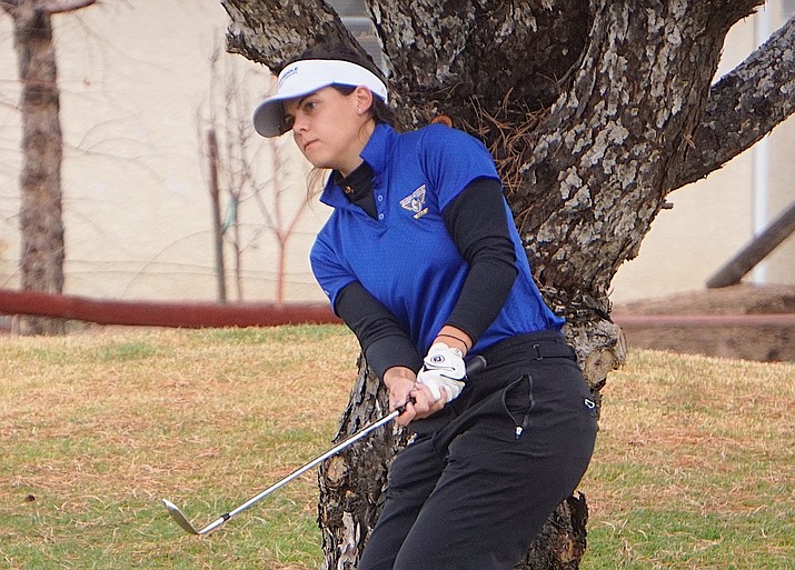 Embry-Riddle golfer Megan Hessil chips the ball onto the green during the ERAU Spring Invite tournament on Tuesday, March 10, 2020, at Antelope Hills Golf Course in Prescott. The ERAU softball, golf, and track & field teams’ seasons have been put on hold as a part of the Cal Pac’s decision to suspend all athletic operations within the conference due to the coronavirus pandemic. (Aaron Valdez/Courier, file)