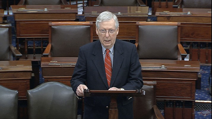 In this image from video, Senate Majority Leader Mitch McConnell, R-Ky., speaks on the Senate floor at the U.S. Capitol in Washington, Saturday, March 21, 2020. (Senate Television via AP)