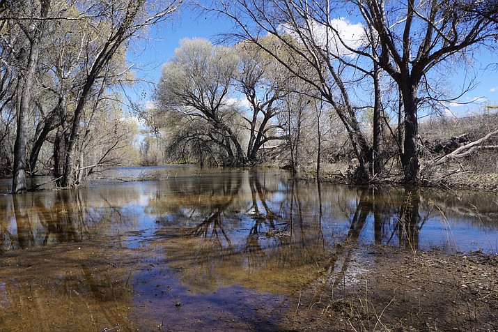 Recent rains have filled Prescott’s Watson Lake to overflowing as of March 26, 2020. Nearby Willow Lake is also full and spilling over at the Willow Creek dam. (Cindy Barks/Courier)