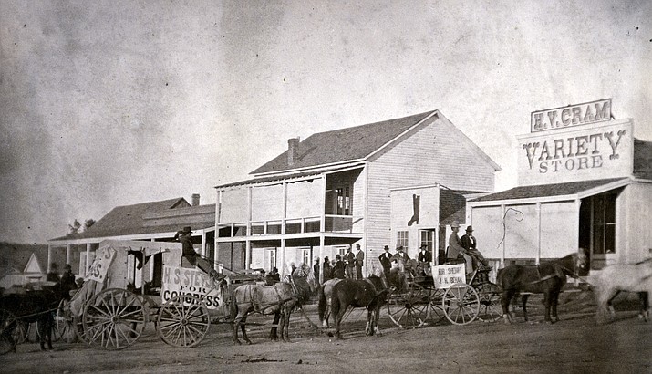 Call # Buh7026c. Election Day 1876, with the courthouse in the background. (Sharlot Hall/Courtesy)