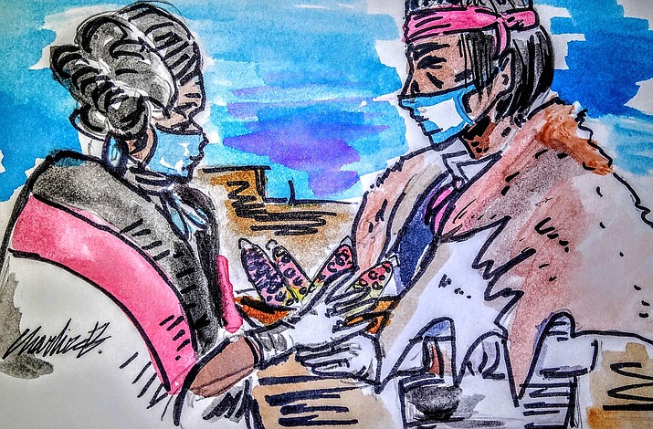 Navajo and Hopi Families COVID-19 Relief Fund is providing relief for reservation elders and families struggling during the COVID-19 pandemic. Seventeen-year-old Charlize Branch provided artwork for the group's Facebook page saying, ‘Everyone needs to work together to fight against this disease.” (Drawing/Charlize Branch)